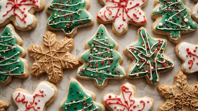 Festive homemade Christmas cookies with colorful icing and sprinkles holiday