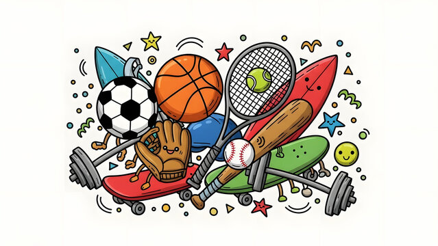 Active lifestyle cartoon medley showcases diverse sports equipment like basketball, baseball, tennis, skateboarding, and more for a fun, energetic vibe