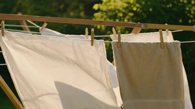 Laundry drying on a clothesline in the sun, fresh air and natural drying process.
