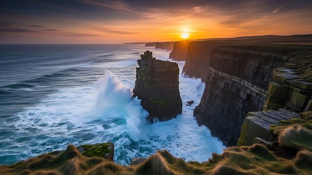 Golden Light and Ocean Fury: Sunset Wave Crash at the Cliffs of Moher Ireland.
