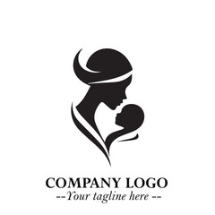Mom and Baby Logo Symbol in Black on White Background for Gentle Minimalist Branding Design Art