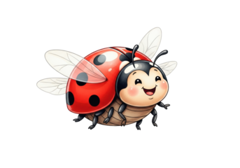 a detailed watercolor illustration of a chubby, cute, anthropomorphic ladybug flying with a happy smile, glossy red shell, isolated on a transparent background with copy space. concept for children's