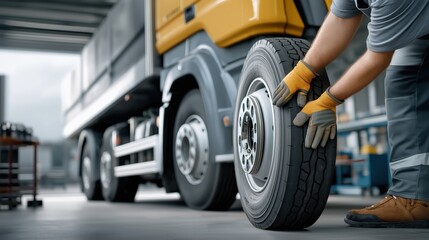 large truck is parked inside a clean service bay, where mechanics with gloved hands are inspecting the wheel assembly or coupling hardware. Only the hands of the mechanics are visible.