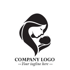Mom and Baby Logo Symbol in Black on White Background for Gentle Minimalist Branding Design Art