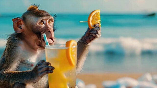 a monkey with a cocktail on the background of the beach. Selective focus