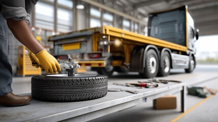 Fototapeta premium large truck parked inside clean service bay while mechanics gloved hands inspect wheel assembly or coupling hardware, only hands visible