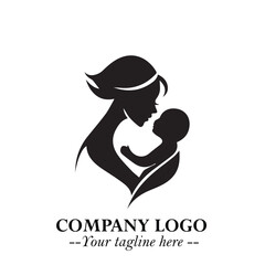 Mom and Baby Logo Symbol in Black on White Background for Gentle Minimalist Branding Design Art