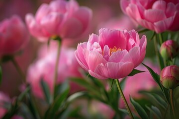 Fototapeta premium Beautiful pink peonies blooming in a garden create a stunning springtime scene