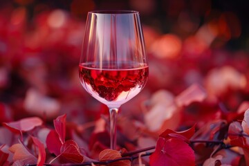 Fototapeta premium Glass of rose wine sits on a bed of vibrant red autumn leaves, creating a cozy and seasonal atmosphere