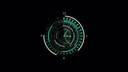 Futuristic HUD Clock Interface Loopable Animation on Black Background, Digital Time Display, Technology Concept. - Powered by Adobe