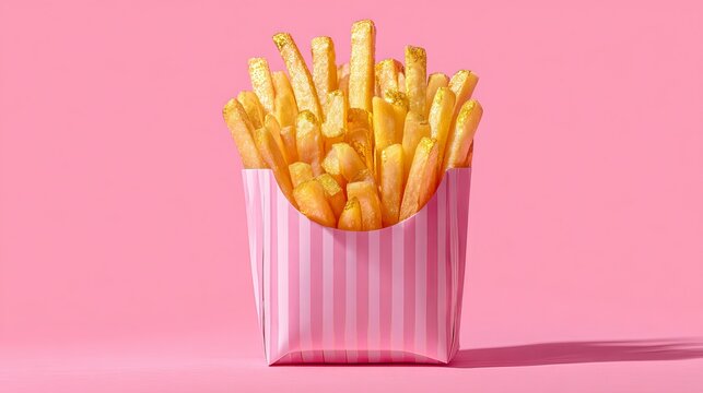 Golden fries in pink striped container tempt with a playful, pop-art aesthetic, perfect for fast food promotions or quirky lifestyle content today