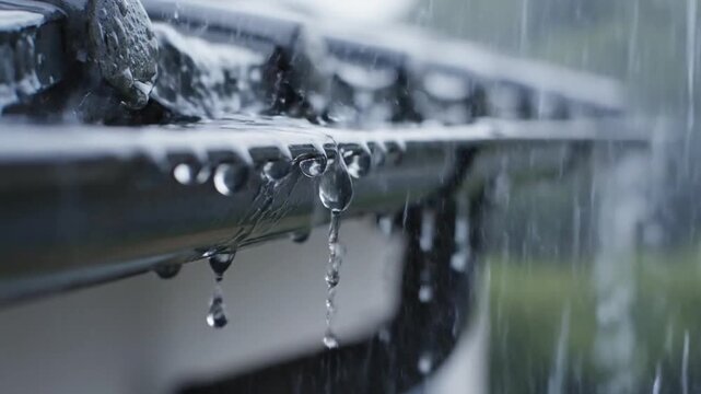 Close-up of Rainwater Dripping from Roof Gutter on a Stormy Day