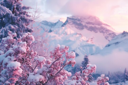Fototapeta Delicate pink flowers covered with fresh snow create a stunning contrast against the backdrop of majestic snow capped mountains at sunset