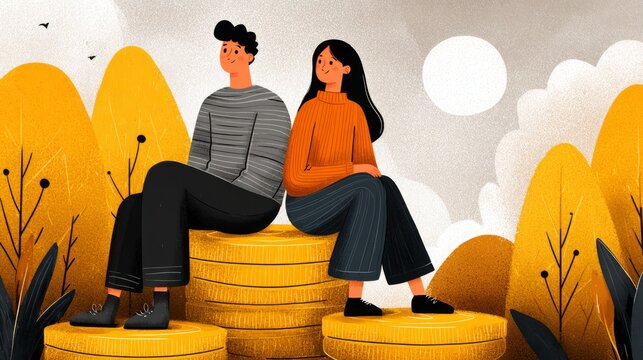 Young men and women and the pile of wealth gold coins