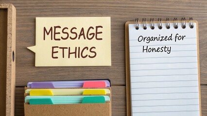 Organized Desk Scene Featuring Message Ethics Sign and Notepad for Honesty in Communication and Professional Settings