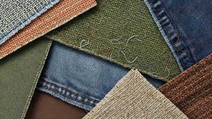 Assorted fabric textures textile material denim canvas cotton linen burlap pattern close up view