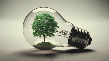 Green tree growing inside a clear glass light bulb