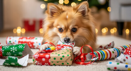 Cute fluffy dog unwrapping Christmas presents with torn wrapping paper and festive lights.