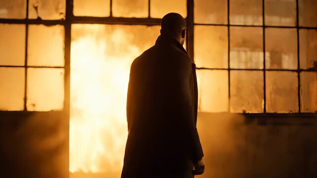 Silhouette man enters burning warehouse doorway. Intense fire and flame fill window frames. Thick smoke surrounds figure. Bright blaze creates dramatic backlight. Scene conveys danger and destruction.