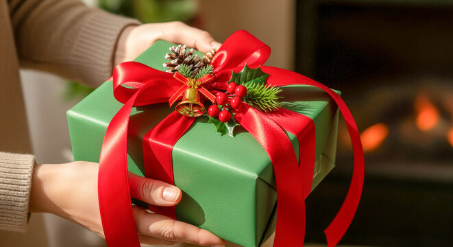 Hands holding a beautifully wrapped green gift box with red ribbon and festive decorations.