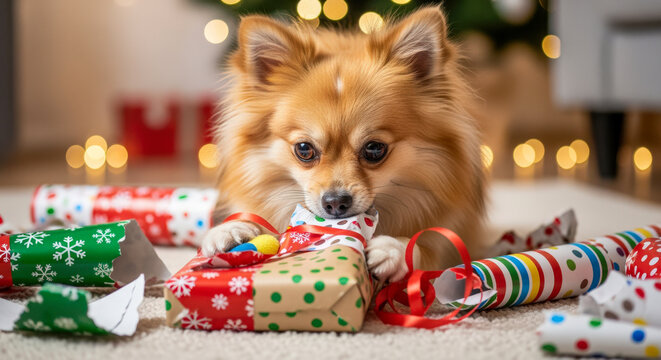 Cute fluffy dog unwrapping Christmas presents with torn wrapping paper and festive lights.