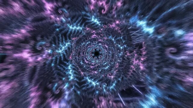 Complex recursive dark fractal pattern endlessly evolving and iterating into the deep geometric void of digital space texture, future, design