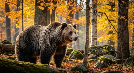 Powerful grizzly bear standing or walking in its natural habitat with thick fur and strong muscular build.