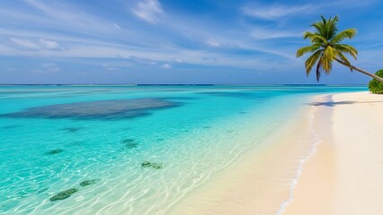 A Solitary Palm Tree Leaning Over a Pristine White Sand Beach and Turquoise Lagoon.