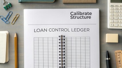 Organized workspace with loan control ledger, calculator, stationery, and stationery items for financial documentation and planning
