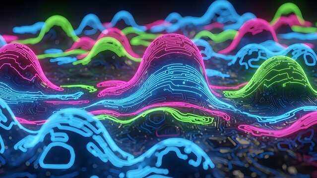 Abstract neon landscape waves digital glowing light technology network futuristic design art background - Powered by Adobe
