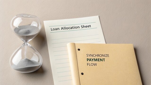 Organized Workspace with Hourglass, Loan Allocation Sheet, and Document Folder Concerning Payment Synchronization Flow