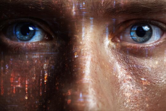 Eyes illuminated by digital data, revealing complex layers of id