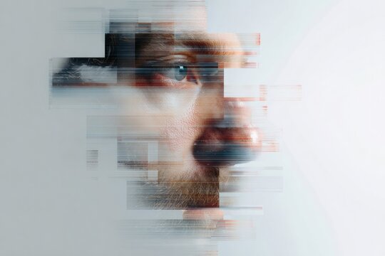 Fragmented face blends technology with human essence, exploring