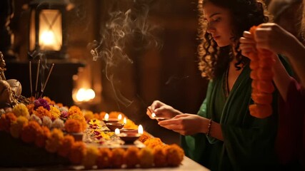 Woman holds candle in ritual. Soft light reflects on face. Woman lights offering on shrine with incense. Marigold and candle smoke surround altar. Quiet prayer and devotion. Warm glow fills scene. - Powered by Adobe
