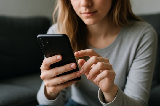Woman using smartphone while sitting indoors wearing casual clothes, close-up view of hands and device, communication technology concept. Ai generative