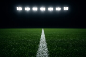 Football field at night with bright stadium lights shining above the white center line and green grass, emphasizing focus and determination concept. Ai generative