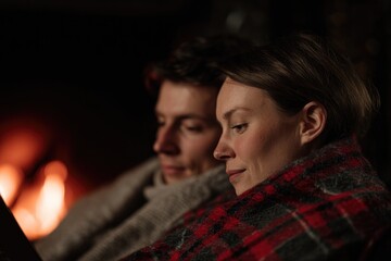Cozy couple wrapped in blankets, enjoying warmth of fireplace gl