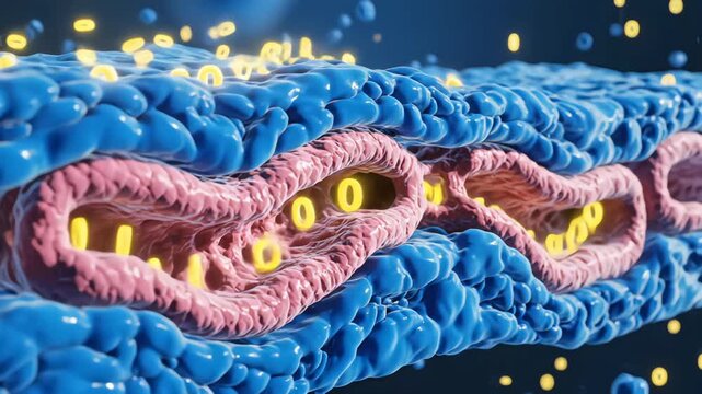 Detailed ion flow across a cell membrane through animated protein channels in a scientific micro environment