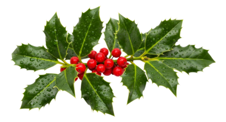 Christmas holly sprig, red berries, green leaves, isolated on transparent background, cut out png - Christmas decoration, festive holiday celebration, winter season, food, fruit concept