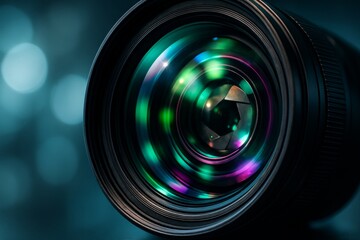 Close-up of colorful camera lens with reflections and aperture blades in focus, symbolizing vision, creativity, and photography concept. Ai generative