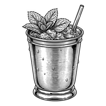 Mint julep cocktail in copper mug with mint and straw