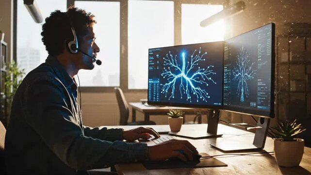 Male developer works on a computer with a neural network diagram. A data scientist with a headset analyzes an AI model. This man works on a dual-monitor setup, focused on the AI diagram and computer d - Powered by Adobe