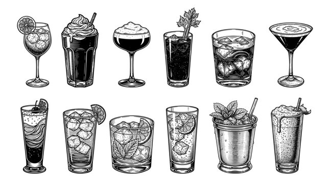 Set of vintage cocktail illustrations in black and white