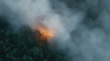 Obraz premium Dense forest shrouded in smoke with hints of flames breaking thr