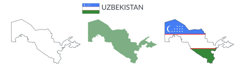 Uzbekistan geographical borders isolated on white background. Flag of Uzbekistan. Vector flat cliparts.