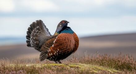 Grouse standing on forest floor with patterned feathers, rounded body, and natural woodland lighting.