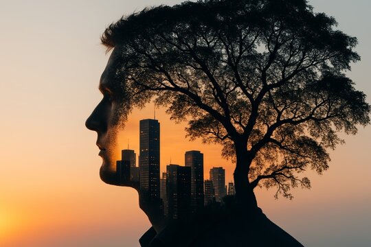 Double exposure concept of a human profile with cityscape and tree symbolizing urban nature harmony and inner thoughts at sunset. Ai generative. Ai generative