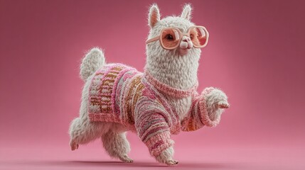 Fototapeta premium Adorable fluffy llama in stylish pink sweater and sunglasses makes a charming statement against a vibrant pink backdrop full of playful personality
