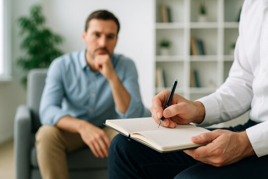 Therapist writing in notebook during psychological counseling session with a male client in office setting, concept of mental health support. Ai generative
