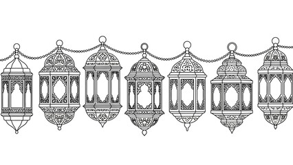 Ornate lantern string illustration  a decorative row of hanging lamps, detailed black and white line art. © baedowi
